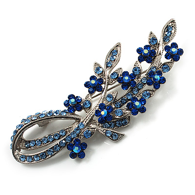 Romantic Blue Austrian Crystal Floral Brooch In Silver Tone Metal - 75mm L - main view