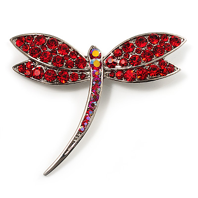 Classic Bright Red Swarovski Crystal Dragonfly Brooch (Silver Tone) - main view