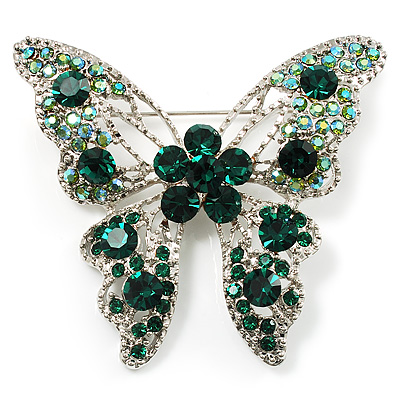 Dazzling Emerald Green Swarovski Crystal Butterfly Brooch (Silver Tone) - main view
