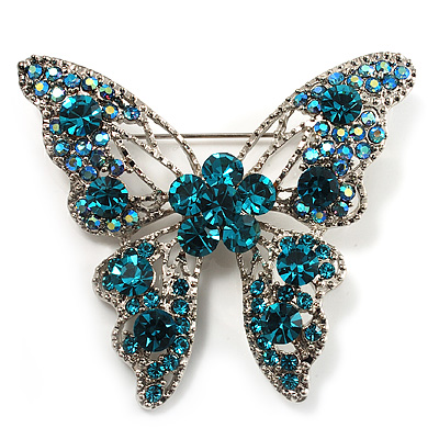 Dazzling Teal Coloured Swarovski Crystal Butterfly Brooch (Silver Tone) - main view