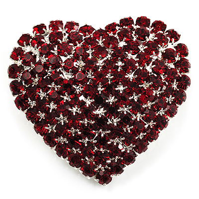 Burgundy Red Diamante Heart Brooch (Silver Tone) - main view