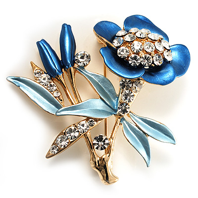 Blue Enamel Crystal Bunch Of Flowers Brooch (Gold Tone) - main view