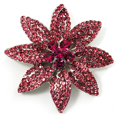 Pink Swarovski Crystal Bridal Corsage Brooch (Silver Tone) - main view