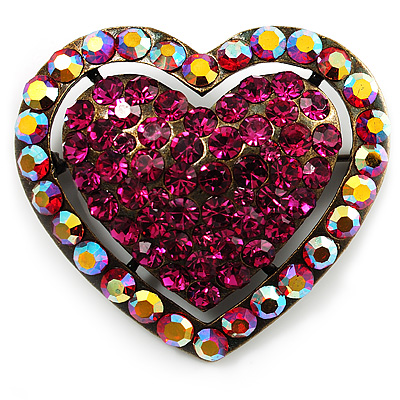 Bronze Tone Dazzling Diamante Heart Brooch (Magenta) - main view
