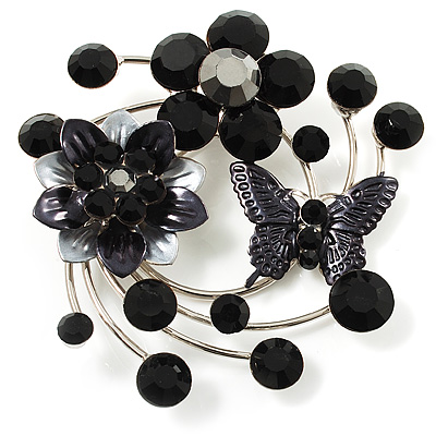 Fancy Butterfly And Flower Brooch (Black & Silver Tone) - main view