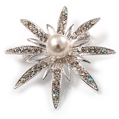 Bridal Crystal Simulated Pearl Star Brooch (Silver Tone) - main view