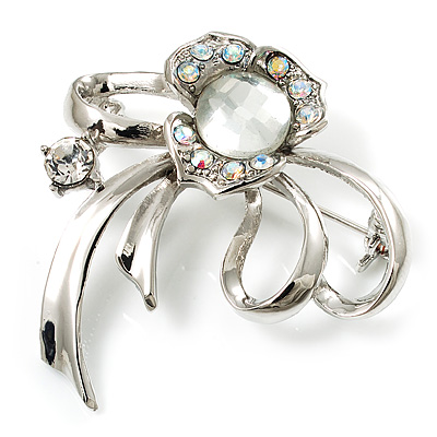 Silver Plated Delicate Diamante Floral Brooch - main view