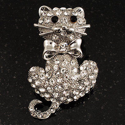 Diamante Cat With Bow Brooch (Silver Tone) - main view