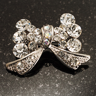 Small Diamante Bow Brooch (Silver Tone)