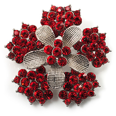 Hot Red Crystal Flower Brooch (Silver Tone)
