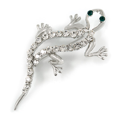 Silver Tone Crystal Lizard With Geen Eyes Brooch - main view
