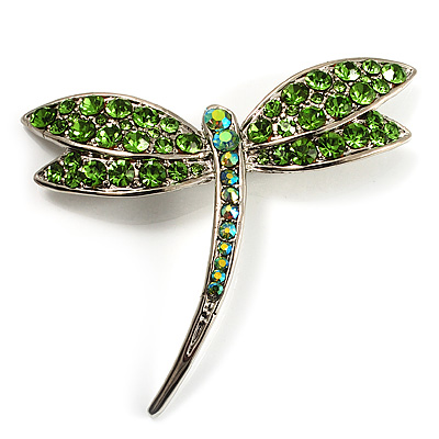 Classic Grass Green Swarovski Crystal Dragonfly Brooch (Silver Tone) - main view