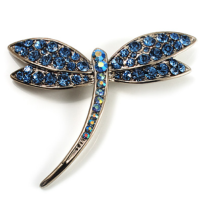 Classic Light Blue Swarovski Crystal Dragonfly Brooch (Silver Tone) - main view