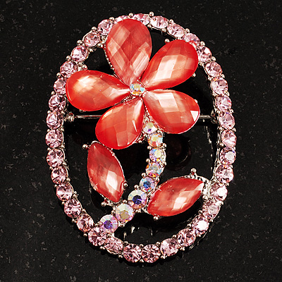 Daisy In The Oval Frame Pink Crystal Brooch (Silver Tone) - main view