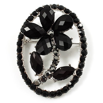 Daisy In The Oval Frame Jet-Black Crystal Brooch (Silver Tone) - main view