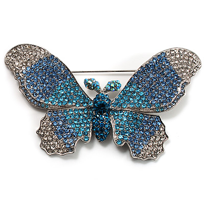 Gigantic Pave Swarovski Crystal Butterfly Brooch (Clear&Blue)