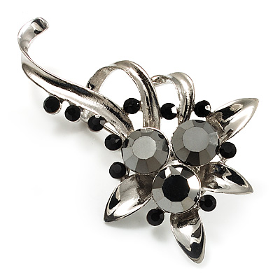 Black Crystal Floral Brooch (Silver Tone) - main view