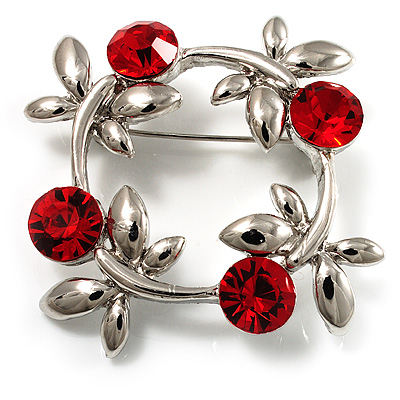 Small Butterfly Crystal Wreath Brooch (Silver & Red) - main view