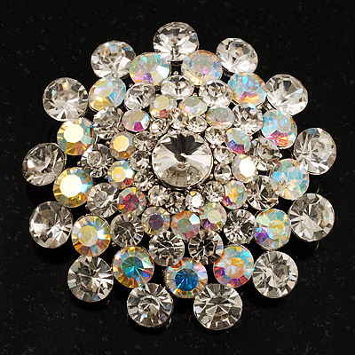 Dazzling Dom Shape Crystal Corsage Brooch (Silver, Clear & Iridescent) - 4cm Diameter - main view