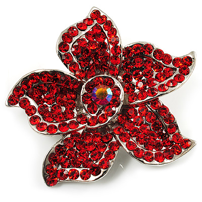 Small Hot Red Diamante Flower Brooch (Silver Tone) - main view