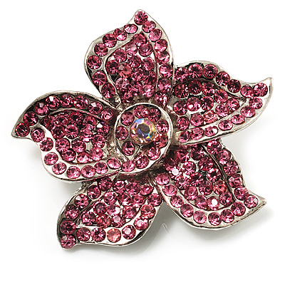 Small Pink Diamante Flower Brooch (Silver Tone) - main view