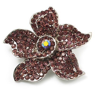 Small Lavender Pink Diamante Flower Brooch (Silver Tone) - main view