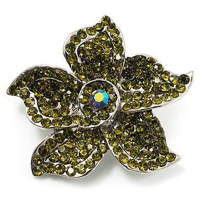 Small Olive Diamante Flower Brooch (Silver Tone) - main view