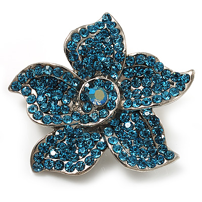 Small Light Blue Diamante Flower Brooch (Silver Tone) - main view