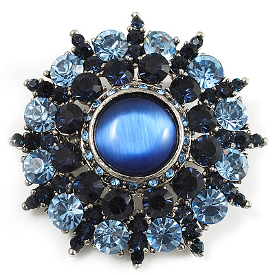 Blue Crystal Wreath Brooch (Silver Tone) - main view