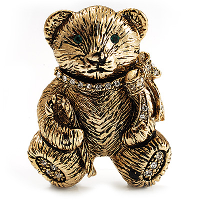 Vintage Crystal Teddy Bear Brooch (Antique Gold Tone) - main view
