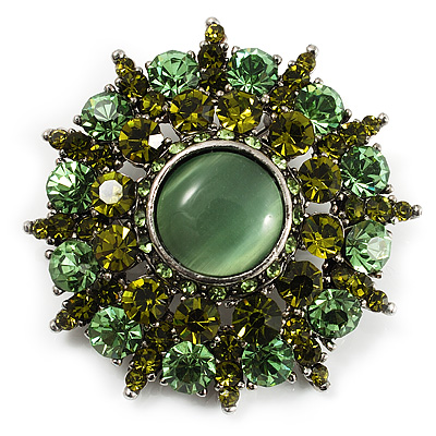 Olive Green Crystal Wreath Brooch (Silver Tone) - main view