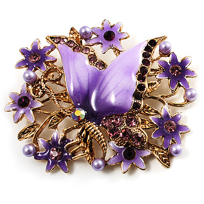 Light Purple Enamel Crystal Flower & Butterfly Brooch (Gold Tone) - main view