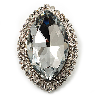 Statement Oval Shaped Clear Crystal Fashion Brooch (Silver Tone) - main view