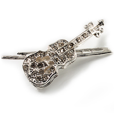 Silver Tone Clear Crystal Violin Costume Brooch - main view