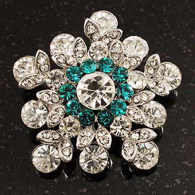 Swarovski Crystal Star Brooch (Clear & Turquoise Coloured) - main view
