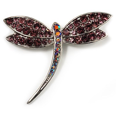 Classic Light Lilac Crystal Dragonfly Brooch (Silver Tone) - main view