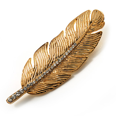 Gold Tone Clear Crystal Feather Brooch - main view