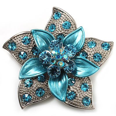 3D Enamel Crystal Flower Brooch (Aqua & Light Blue) - main view