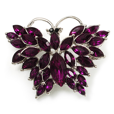 Deep Purple Diamante Butterfly Brooch (Silver Tone)