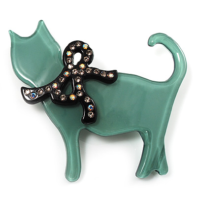 Cat With Crystal Bow Plastic Brooch (Teal & Black) - main view