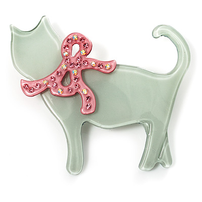 Cat With Crystal Bow Plastic Brooch (Pale Geen & Light Pink) - main view