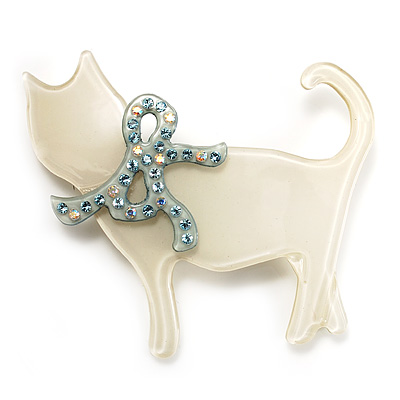 Cat With Crystal Bow Plastic Brooch (Cream & Pale Geen) - main view