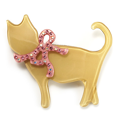 Cat With Crystal Bow Plastic Brooch (Pale Yellow & Light Pink) - main view
