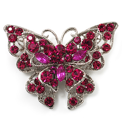 Fuchsia Crystal Filigree Butterfly Brooch (Silver Tone) - main view