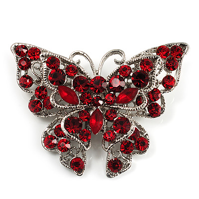 Hot Red Crystal Filigree Butterfly Brooch (Silver Tone) - main view