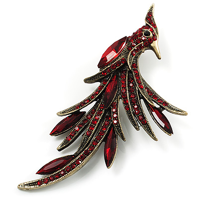 Burgundy Red Exotic Crystal Fire-Bird Brooch (Bronze Tone) - main view