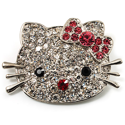 Cute Dazzling Kitten With Pink Bow Brooch (Silver Tone) - main view