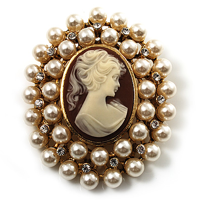 Simulated Pearl Crystal Cameo Brooch (Gold Tone)