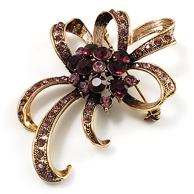 Purple Crystal Bow Corsage Brooch (Antique Gold Tone) - main view