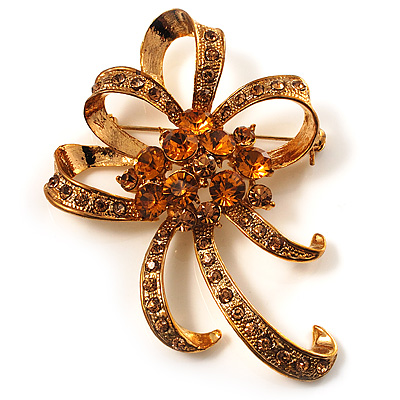 Amber Coloured Crystal Bow Corsage Brooch (Gold Tone) - main view